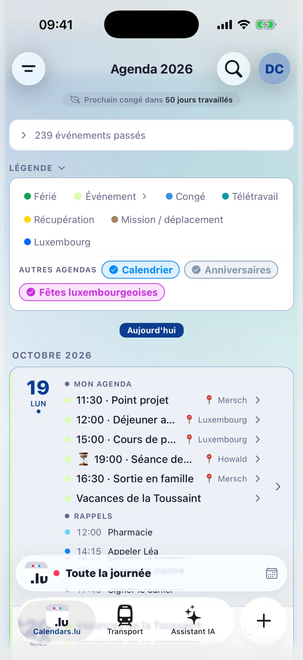 La vue agenda en liste, jour après jour avec les vacances scolaires