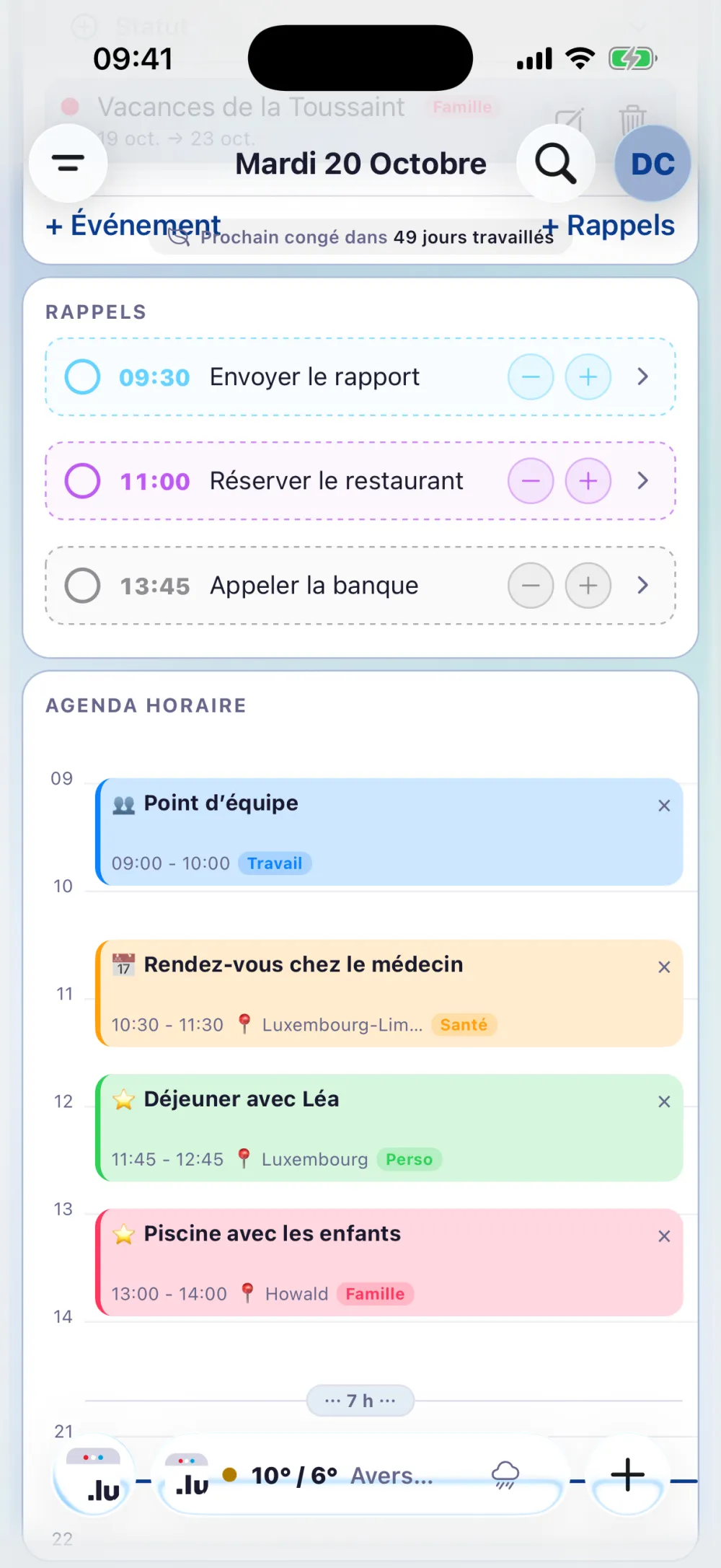 Vue du jour : météo, carte trafic Thionville vers Luxembourg, rappels de la journée et compteurs de congés réunis sur un seul écran