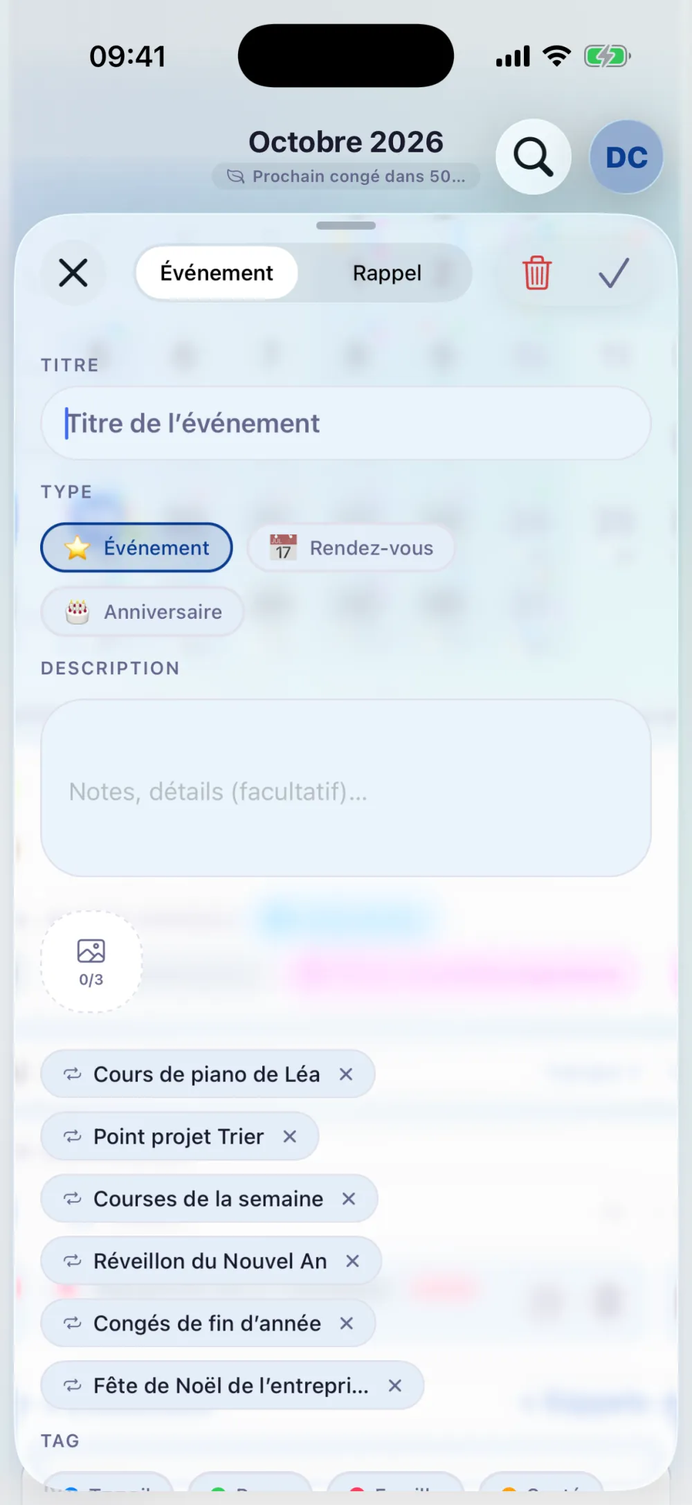 Nouvel événement : type, description, tags Perso, Pro et Famille, récurrence, rappels et lieu