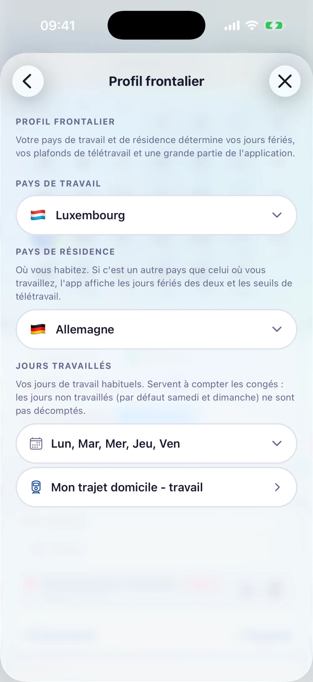 Réglages frontaliers : jours travaillés, pays de travail Luxembourg, pays de résidence France, zones de vacances scolaires des 6 pays