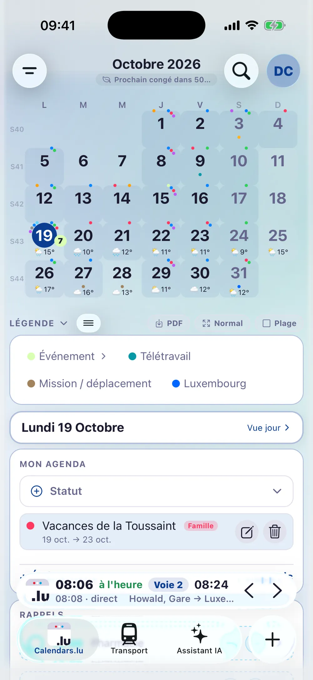 La vue du mois avec la météo, les pastilles de vacances scolaires et l'agenda du jour