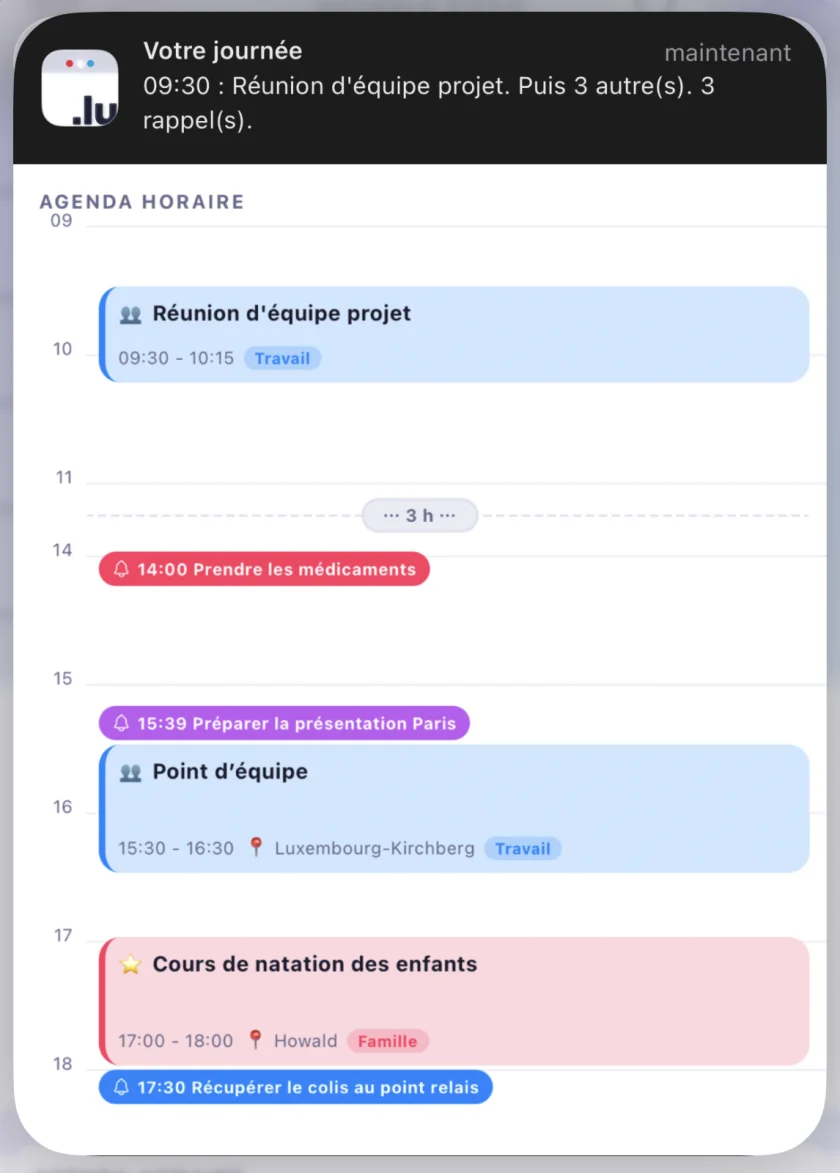 Notification de rappel affichant l'aperçu de la journée heure par heure, avec les options de report dans 5 min, 15 min ou 1 h