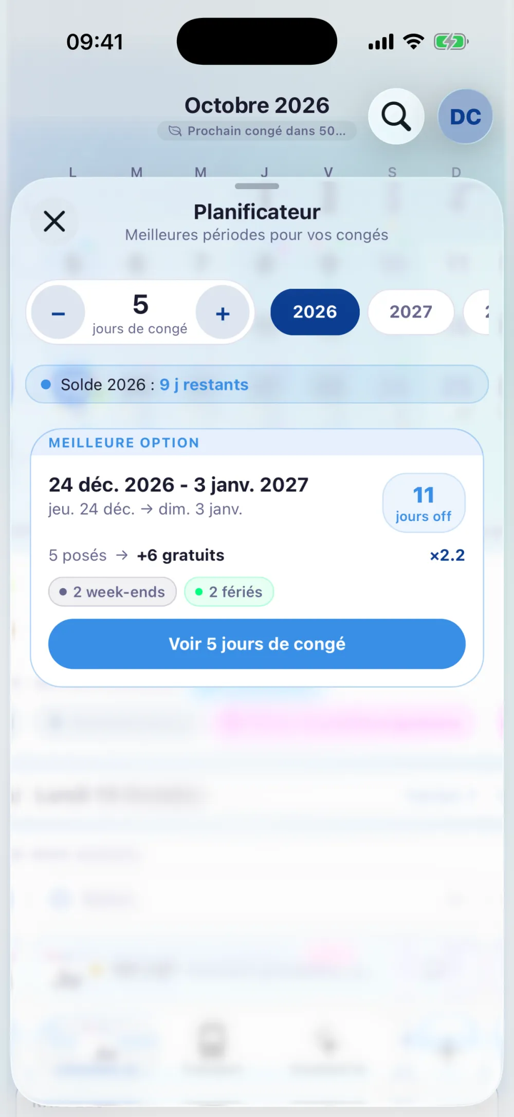 Planificateur de ponts : 5 jours posés du 24 décembre au 3 janvier donnent 11 jours off, multiplicateur x2.2