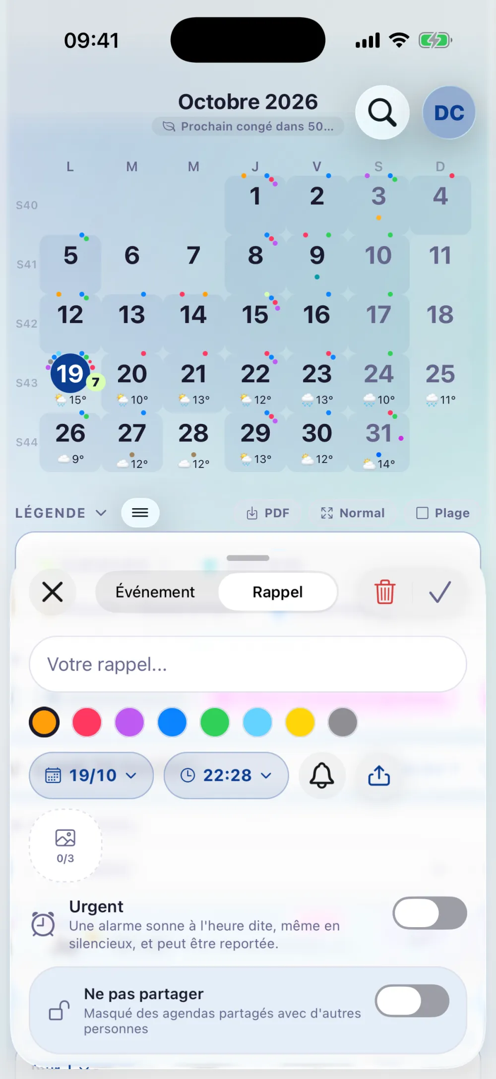 Réglages des rappels : tags d'événement, rappels automatiques avant événements et congés, et rappels pré-écrits