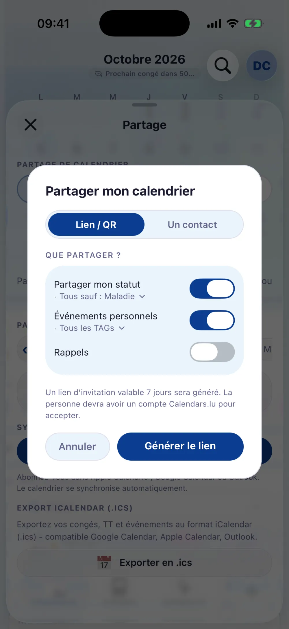 Choix de ce qui est partagé : congés, télétravail, événements