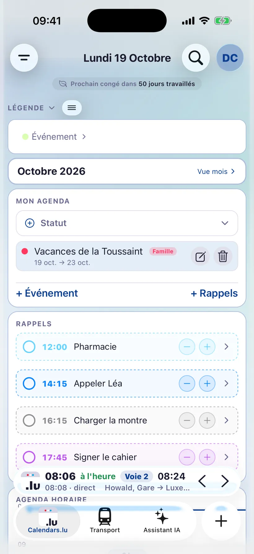Vue du jour avec le panneau Statut, l'agenda horaire et les événements de la journée