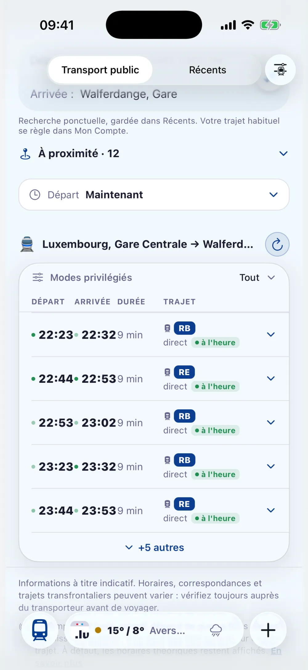 Réglages des alertes trains : réseaux surveillés, jours de train, trajet Thionville vers Luxembourg