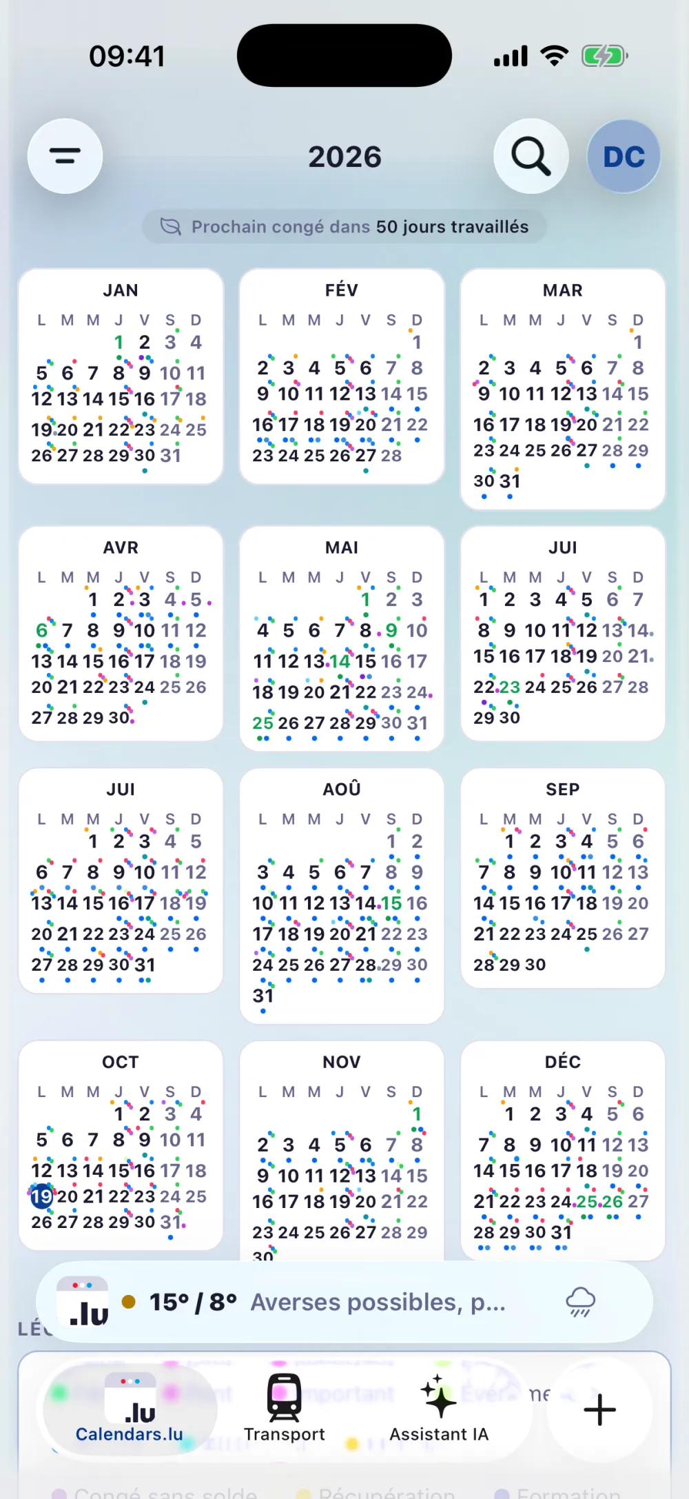 Vue annuelle 2026, les 12 mois avec la légende fériés, ponts, événements et vacances scolaires
