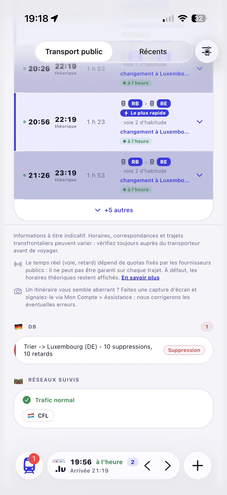 Itinéraire Walferdange vers Trier avec les suppressions et les retards, et en dessous les réseaux suivis : trafic normal sur CFL