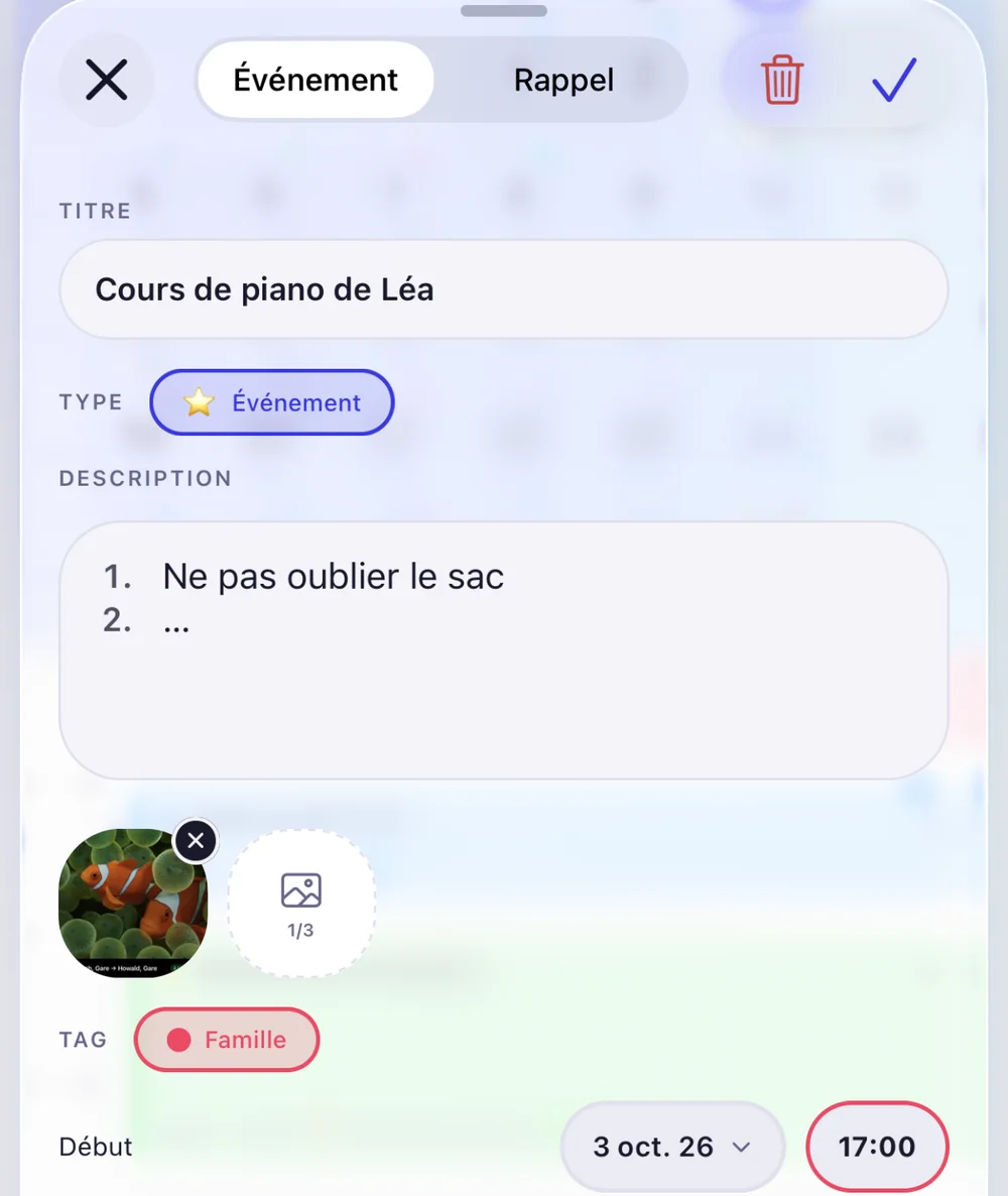 Formulaire d'événement : titre, choix entre Événement, Rendez-vous et Anniversaire, champ Description et bouton d'ajout d'images indiquant 0 sur 3