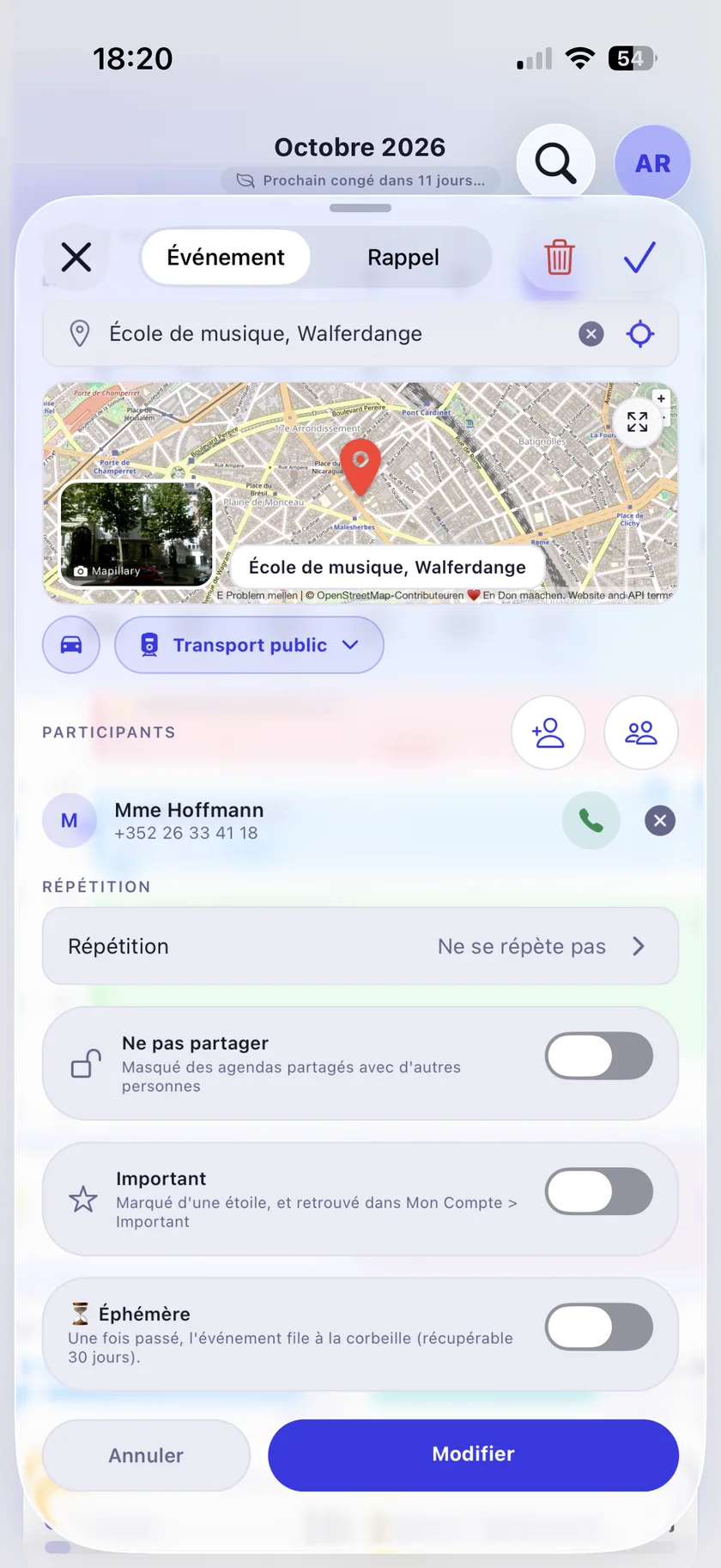 Éditeur d'événement avec mini-carte, adresse Gare de Lyon à Paris, vignette de la rue et bouton transport public
