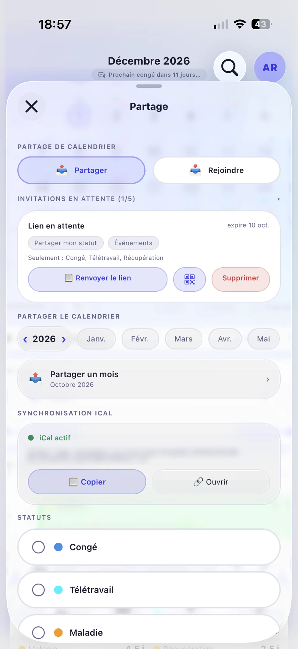 Écran Partage : partager ou rejoindre un calendrier, la personne avec qui on partage, et la section Synchronisation iCal avec le bouton Activer l'export iCal