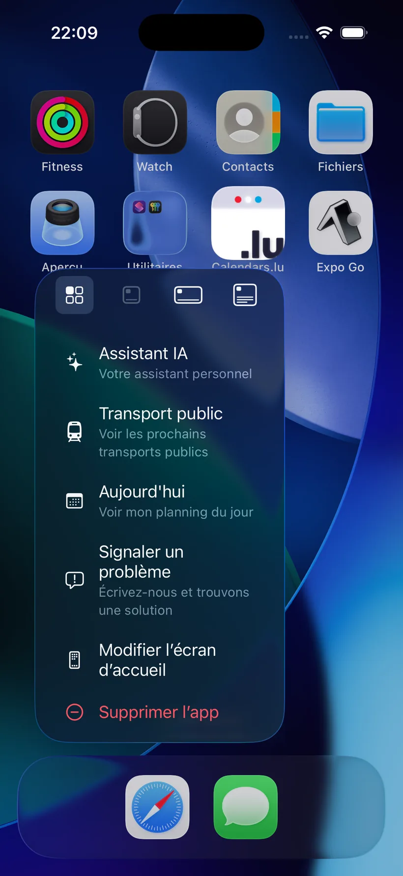 Appui long sur l'icône de Calendars.lu sur l'écran d'accueil de l'iPhone : les quatre raccourcis Assistant IA, Transport public, Aujourd'hui et Signaler un problème
