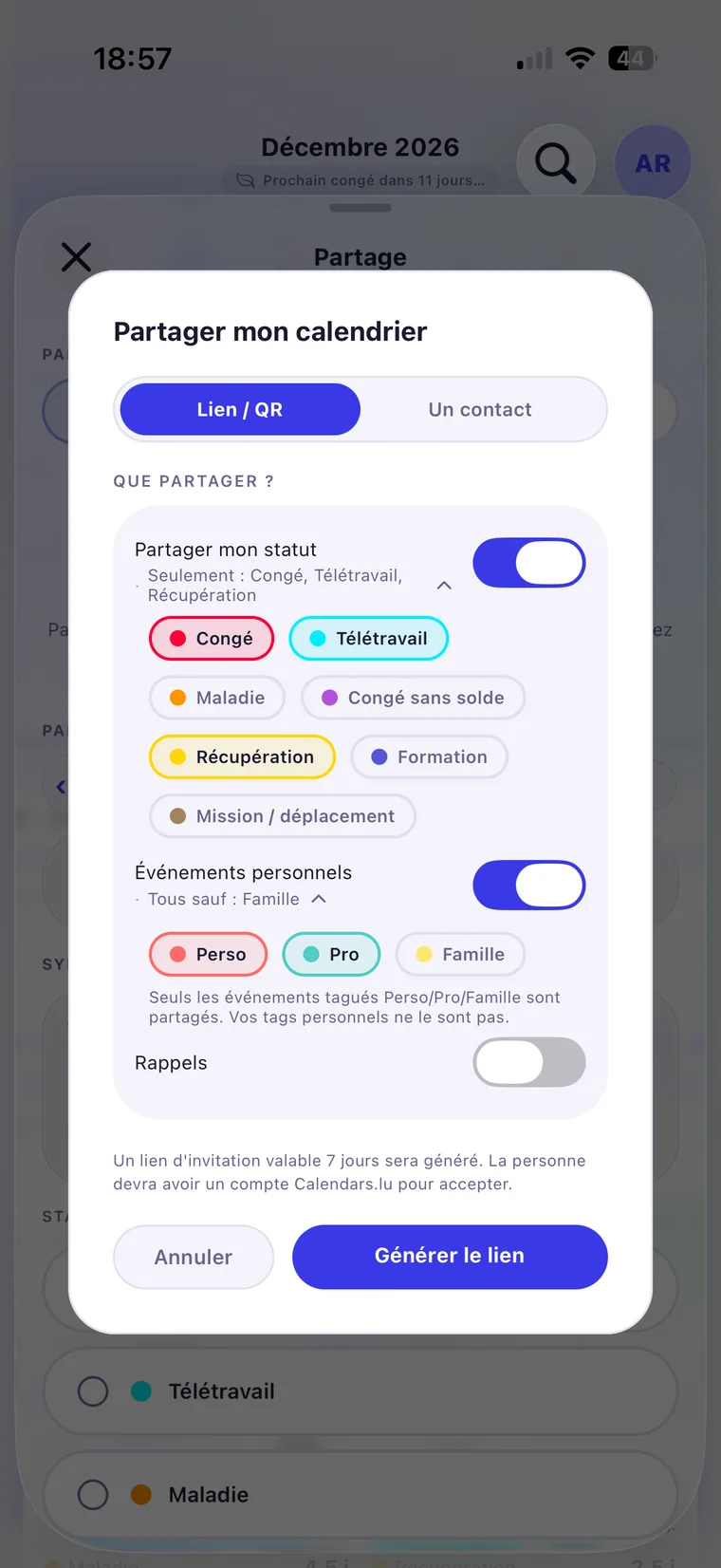 Partager mon calendrier : le choix de ce qui est partagé, statut par statut - congé, télétravail, maladie, récupération - et les tags personnels
