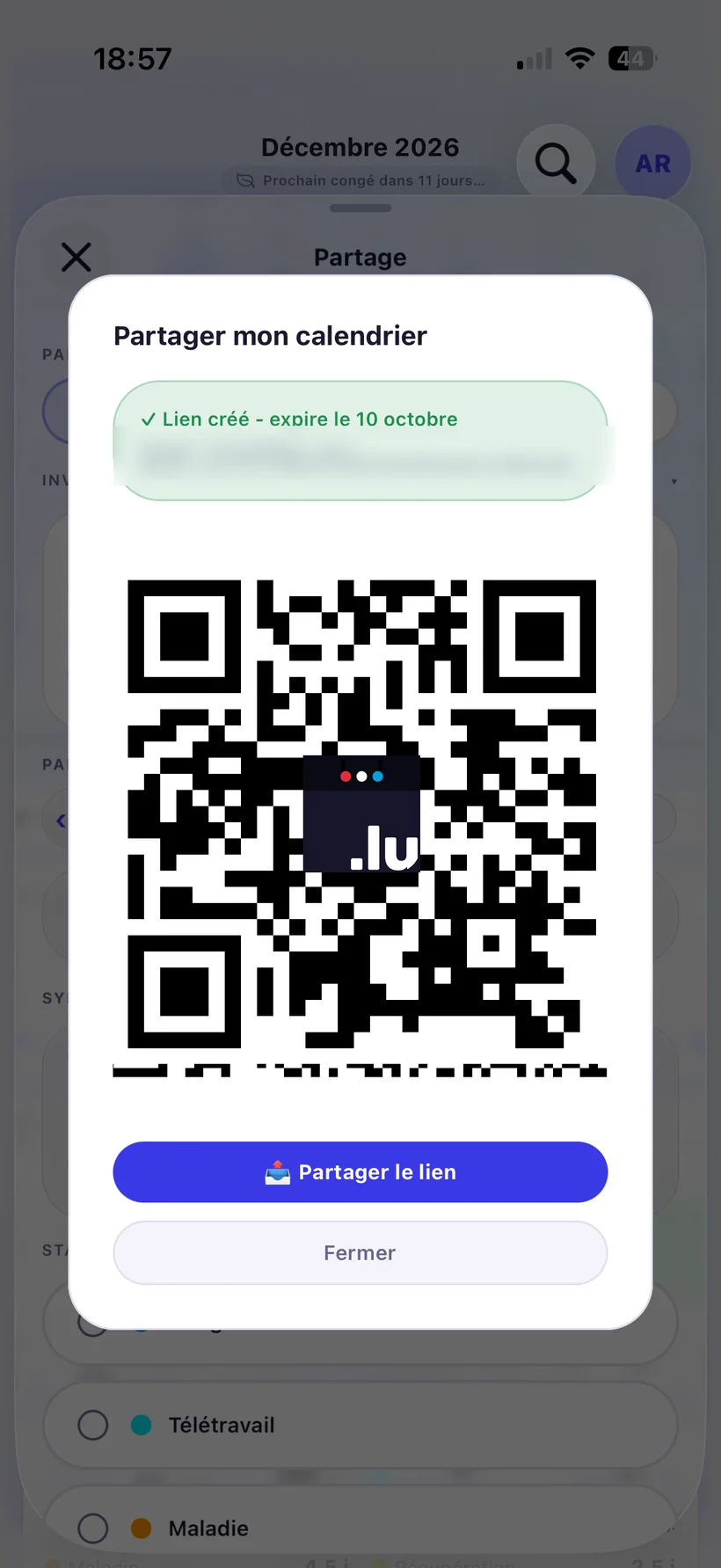 Partage : QR code d'invitation avec le logo Calendars.lu au centre et bouton partager le lien